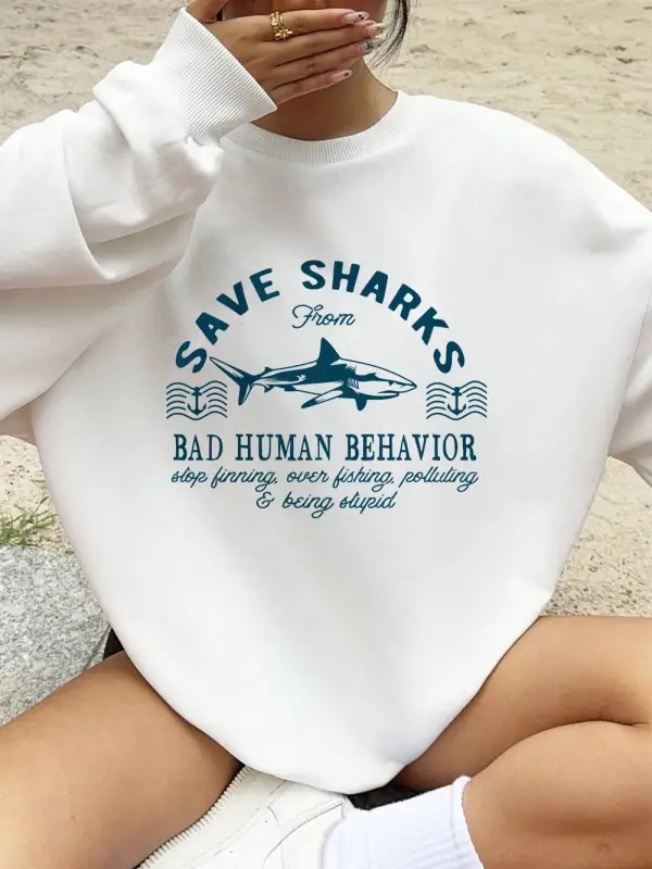 Köpekbalıkları Yazdırma Tişörtü Bayan Polar Sıcak Gevşek Kapüşonlular Bisiklet Yaka Temelleri