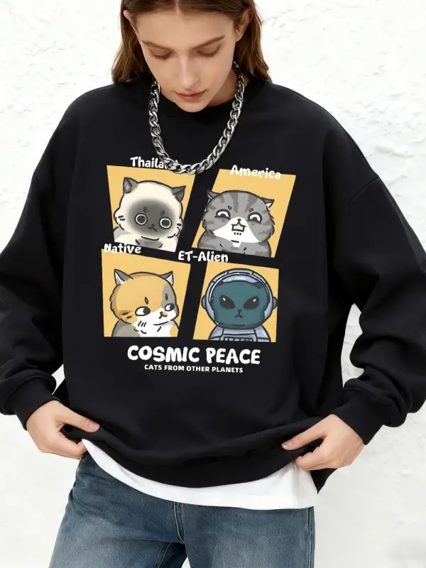 Kozmik Barış Amerika Kediler baskılı kapüşonlu svetşört Kadın Temel Jogger Sıcak Kazak Crewne