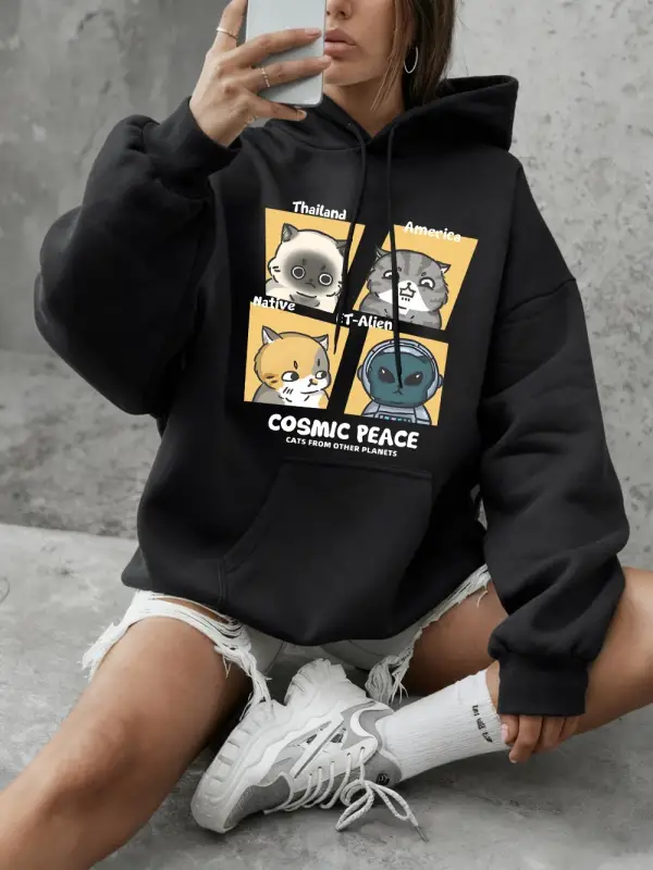 Kozmik Barış Kedileri Baskılı Kapüşonlu Üstler Kadınlar İçin Günlük Bol Sweatshirtler Kışlık