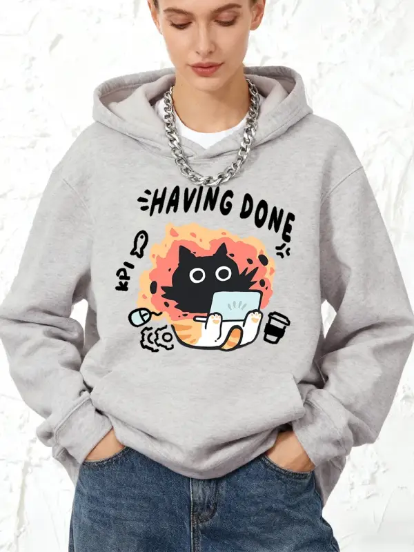 Kpi Cat Baskılı Kapüşonlu Sweatshirtler Pamuklu Kadın Sporcu Bol Kazak Kışlık Polar Sıcak Swe