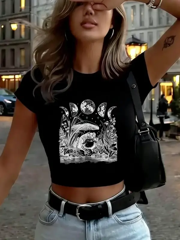 Kurbağa Mantar Ay Cadı Baskılı Kadın Babby Tee Yazlık Dar Kesim Yuvarlak Yaka Tişört Yumuşak K