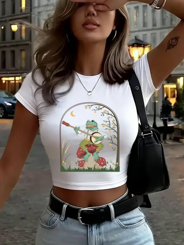 Kurbağa Mantar Üzerinde Banjo Çalıyor Baskılı Kadın Babby TeeTişörtleri Yazlık Yüksek Esnek Yumuş