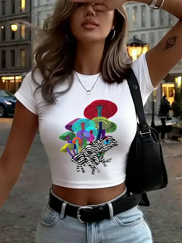 Kurbağa Mantarlı Baskılı Kadın Babby Teeları Yazlık Dar Kesim O-Yaka Tişörtler Yumuşak Kısa Ko