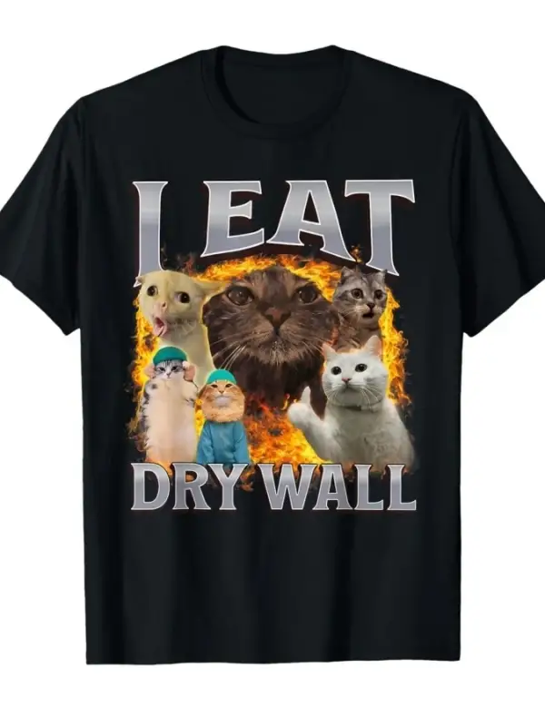 Kuru Duvar Yiyen Aptal Kedi Memesi Komik Memeli Tişört Erkek Kadın %100 Pamuklu Tişörtler Kıs