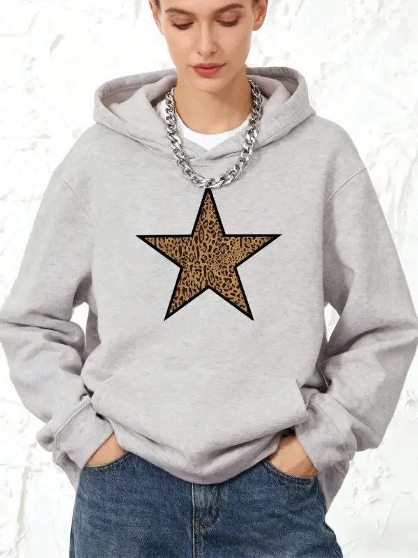 Leopar Pentagram Baskılar Kapüşonlular Pamuk Bayan Koşu Cep Kazak Sportif Gevşek Kazak Kış Po