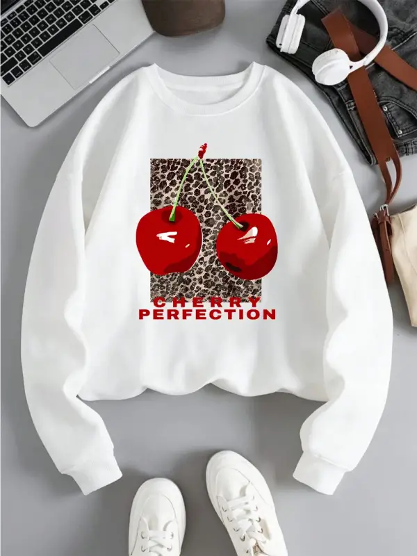 Leopar Ve Kiraz Kazak Kadın Taze Meyve Baskı Hoody Gevşek Polar Sıcak Bisiklet Yaka Elbise Mo