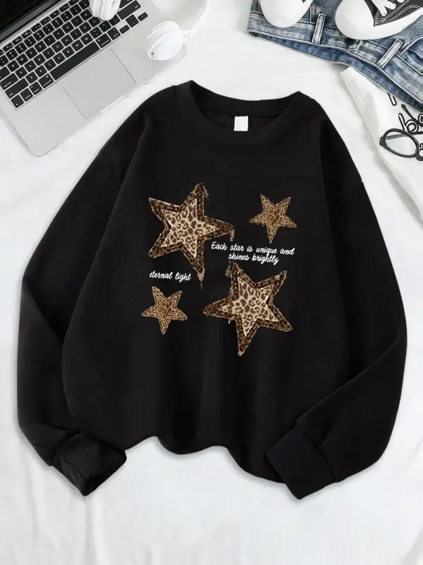 Leopar Yıldız Baskı Tişörtü Bayan Bisiklet Yaka Tüm Maç Kapüşonlular Gevşek Polar Sıcak Kazak