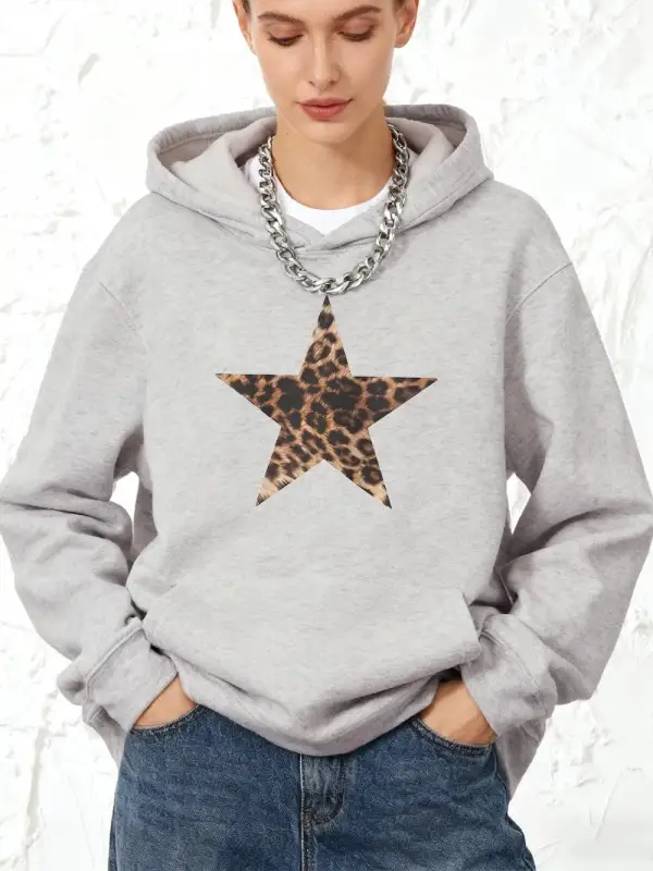 Leopar Yıldız Baskılar Kapüşonlular Pamuk Bayan Kış Polar Sıcak Tişörtü Cep Koşu Üstleri Raha