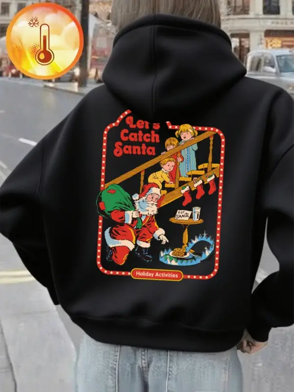 LetS Catch Santa Baskılı Kapüşonlu Üstler Kadın Rahat Günlük Kazak Temel Cepli Sweatshirt Kı