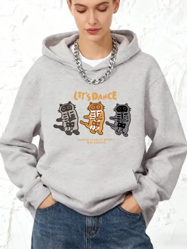 LetS Dance Cats Baskılı Pamuklu Kapüşonlu Üstler Bayan Sportif Bol Sweatshirtler Kışlık Pola