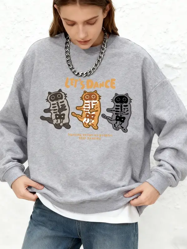 LetS Dance Cats Baskılı Tişörtü Bayan Sonbahar Uzun Kollu Bisiklet Yaka Kapüşonlu Üstler Büy