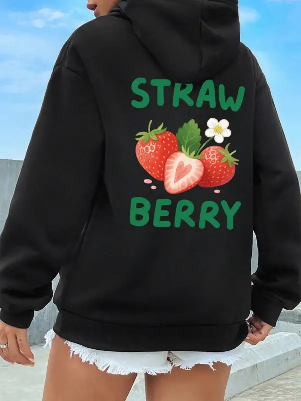Lezzetli Çilek Baskılar Hoodies Kadın Rahat Gevşek Kazak Temelleri Sportif Kazak Kış Polar Sı