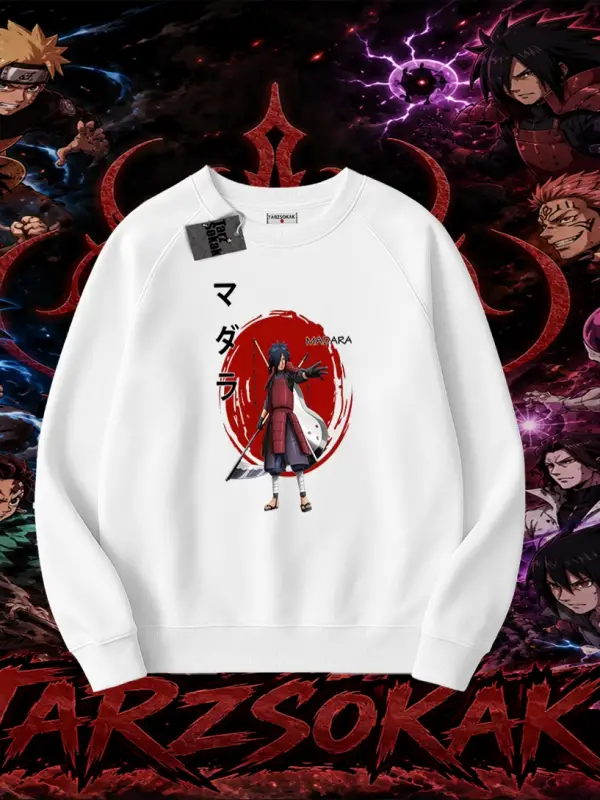 Madara Uchiha Naruto Anime Karakteri Oversize Unisex Bisiklet Yaka Sweatshirt Beyaz