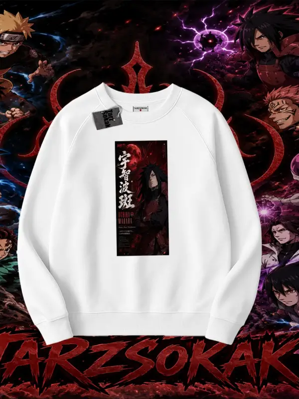 Madara Uchiha Naruto Anime Karakteri Oversize Unisex Bisiklet Yaka Sweatshirt Beyaz