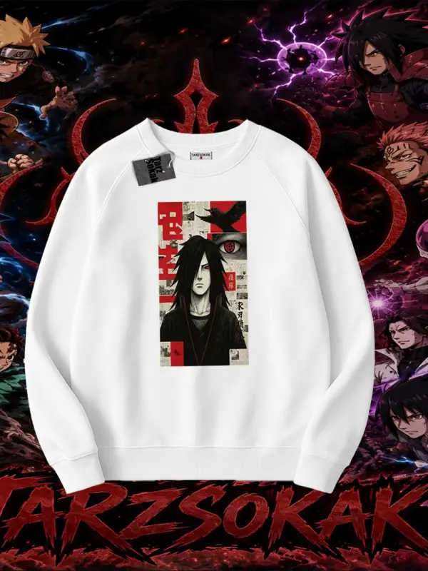 Madara Uchiha Naruto Anime Karakteri Oversize Unisex Bisiklet Yaka Sweatshirt Beyaz
