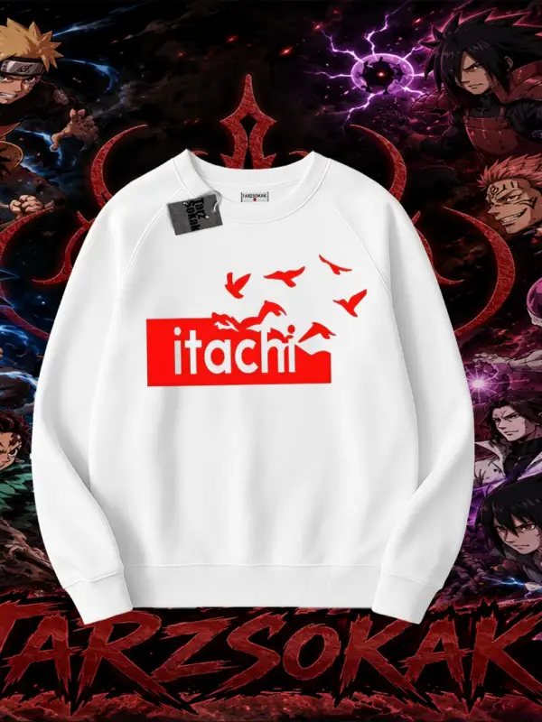 Madara Uchiha Naruto Anime Karakteri Oversize Unisex Bisiklet Yaka Sweatshirt Beyaz