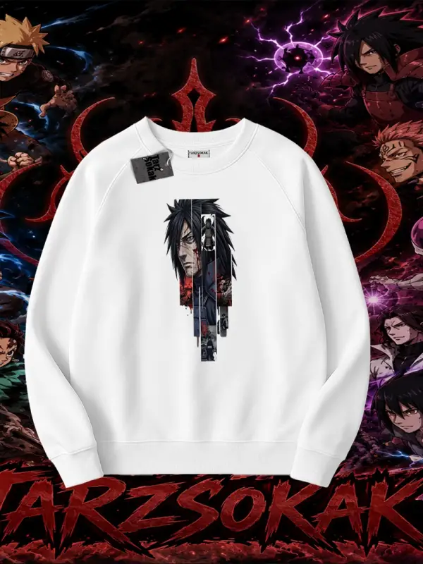 Madara Uchiha Naruto Anime Karakteri Oversize Unisex Bisiklet Yaka Sweatshirt Beyaz