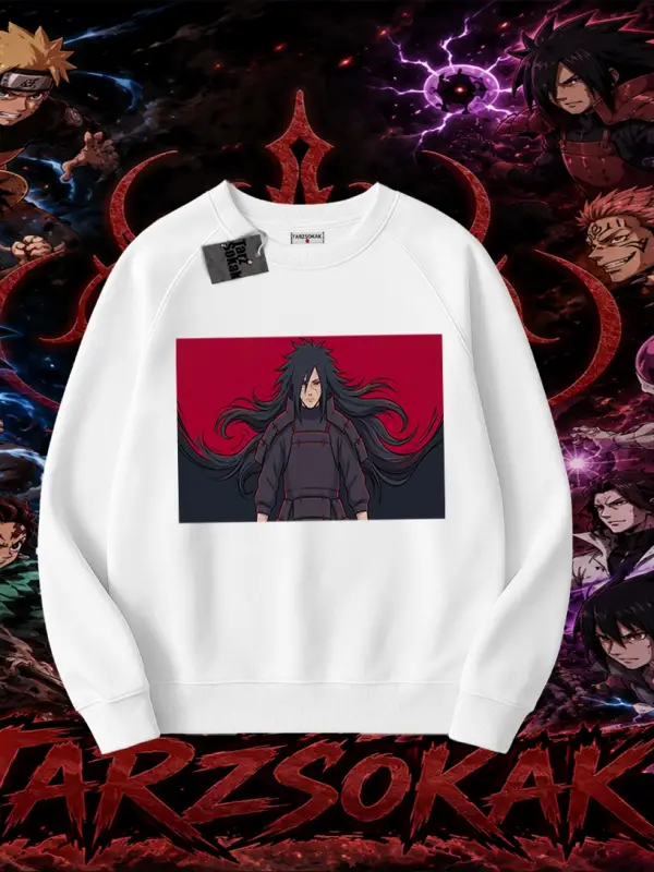 Madara Uchiha Naruto Anime Karakteri Oversize Unisex Bisiklet Yaka Sweatshirt Beyaz