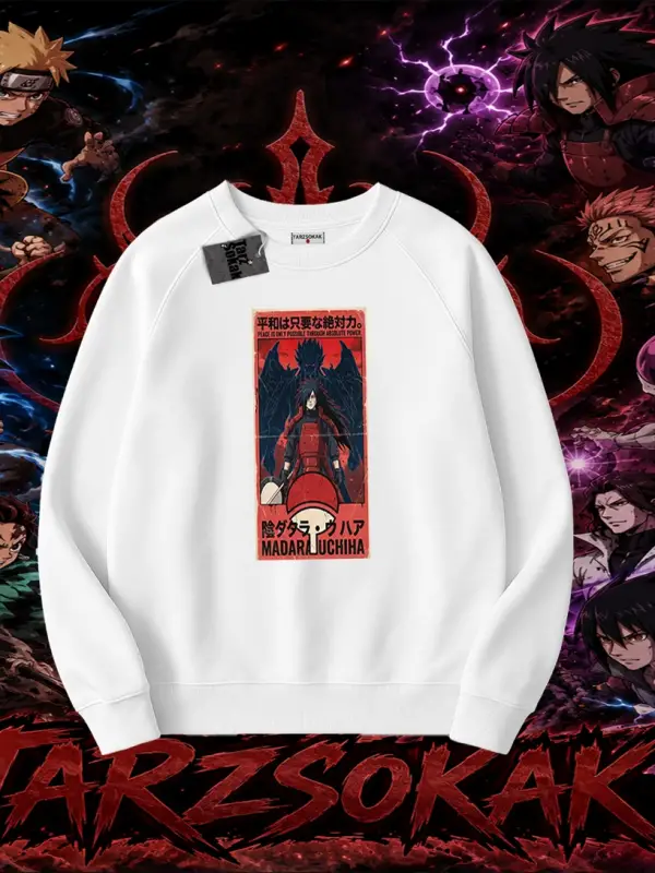 Madara Uchiha Naruto Anime Karakteri Oversize Unisex Bisiklet Yaka Sweatshirt Beyaz
