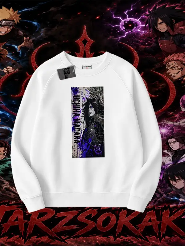 Madara Uchiha Naruto Anime Karakteri Oversize Unisex Bisiklet Yaka Sweatshirt Beyaz