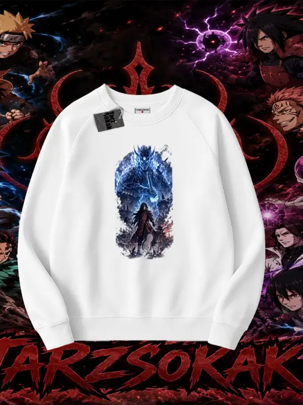 Madara Uchiha Naruto Anime Karakteri Oversize Unisex Bisiklet Yaka Sweatshirt Beyaz