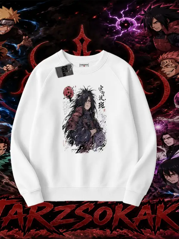 Madara Uchiha Naruto Anime Karakteri Oversize Unisex Bisiklet Yaka Sweatshirt Beyaz