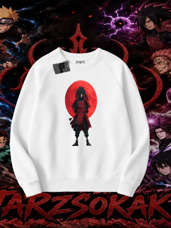 Madara Uchiha Naruto Anime Karakteri Oversize Unisex Bisiklet Yaka Sweatshirt Beyaz
