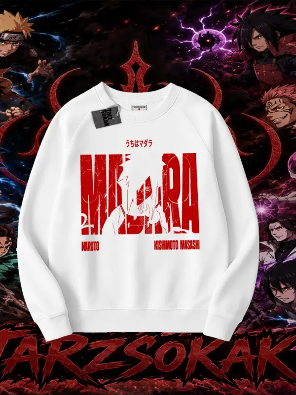 Madara Uchiha Naruto Anime Karakteri Oversize Unisex Bisiklet Yaka Sweatshirt Beyaz
