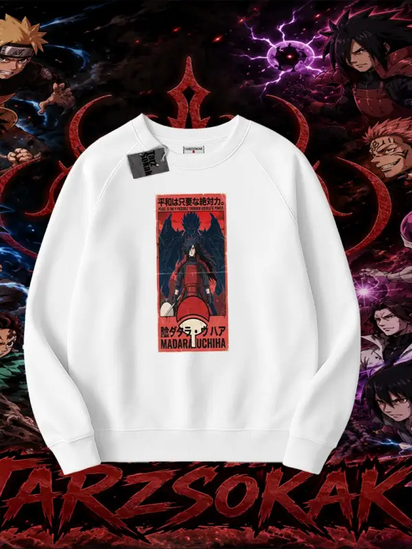 Madara Uchiha Naruto Anime Karakteri Oversize Unisex Bisiklet Yaka Sweatshirt Beyaz