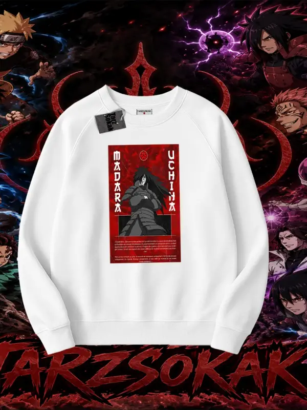 Madara Uchiha Naruto Anime Karakteri Oversize Unisex Bisiklet Yaka Sweatshirt Beyaz