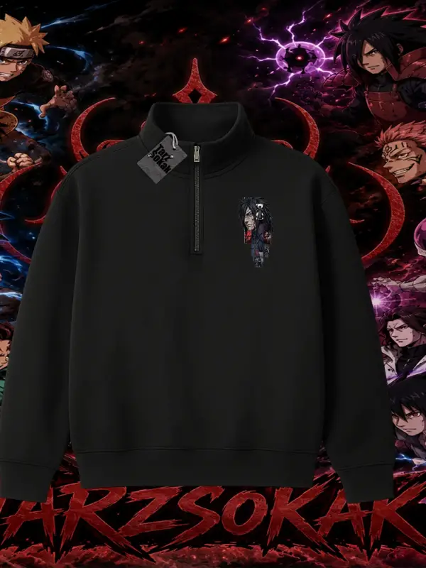 Madara Uchiha Naruto Anime Karakteri Unisex Polo Yaka Yarım Fermuarlı Sweatshirt Beyaz