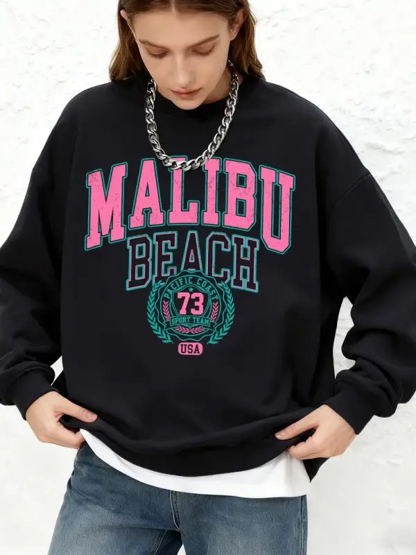 Malibu Beach Baskı Bayan Tişörtü Kış Sıcak Koşu Kapüşonlular Rahat Büyük Boy Bisiklet Yaka Ka