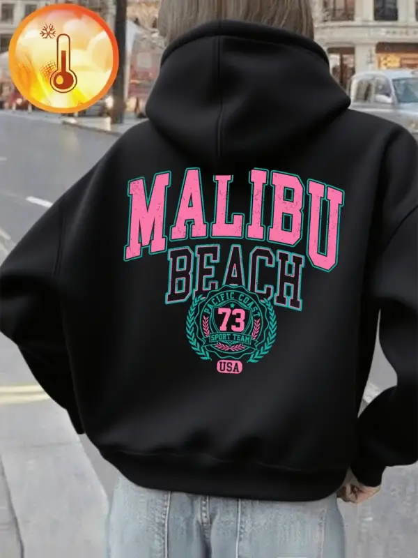 Malibu Beach Baskı Kapüşonlular Bayan Kış Polar Sıcak Tişörtü Temel Cep Kazaklar Günlük Rahat