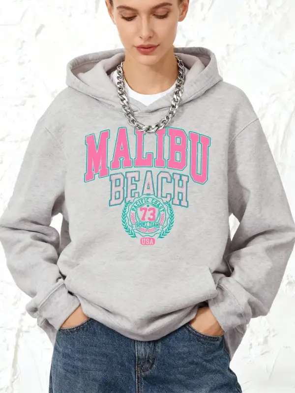 Malibu Plajı Mektup Baskılı Kapüşonlu Üstler Pamuklu Kadın Sporcu Bol Kazak Kışlık Polar Sıca