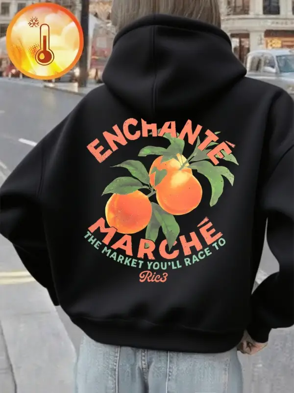 Marche Oranges Market Baskılı Kapüşonlu Üstler Kadınlar İçin Basit Cepli Kazak Kışlık Polar S