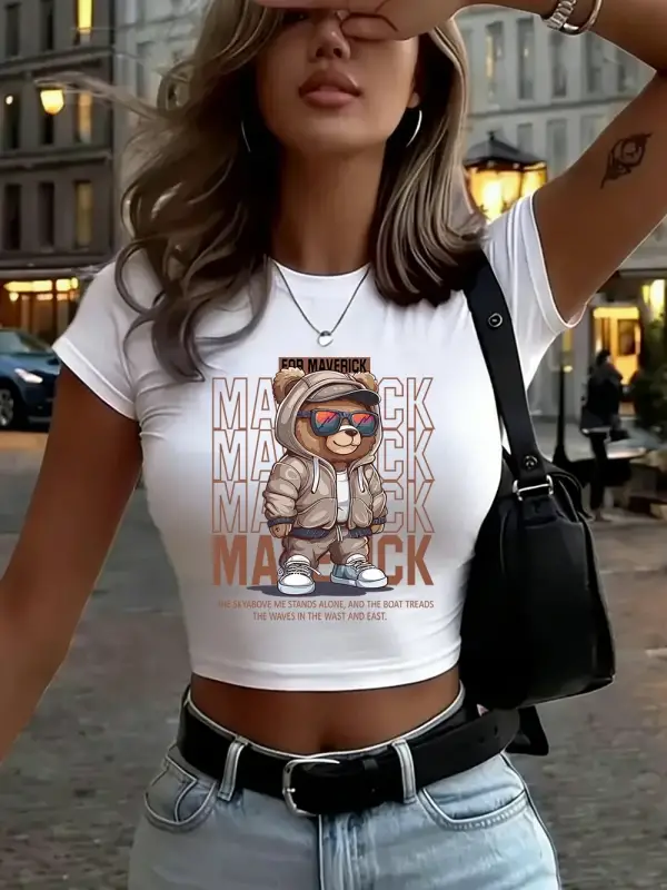 Maverick Sport Bear Baskılı Kadın Babby Tees Yaz İnce O-Boyun Tişörtleri Yumuşak Kısa Kollu T