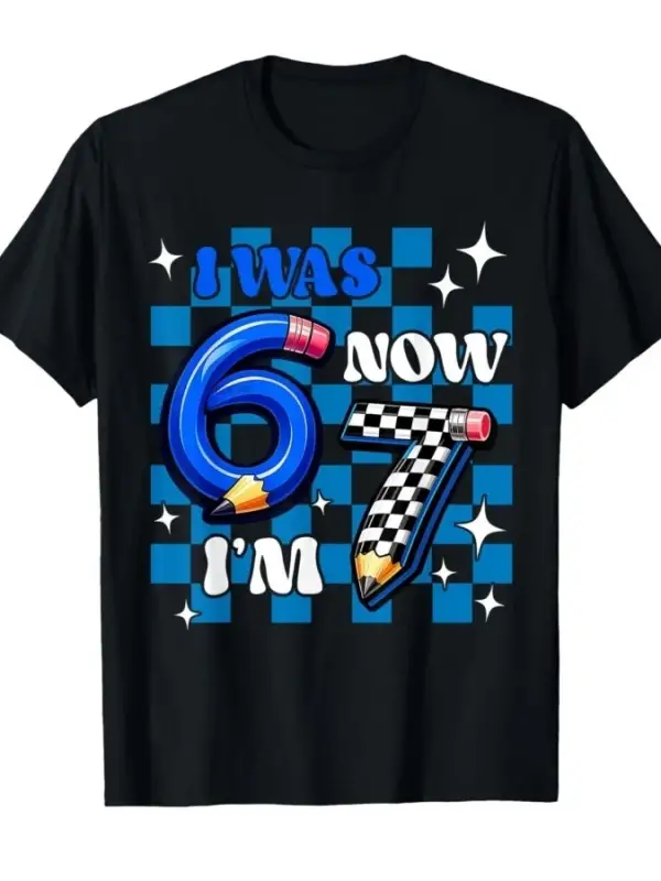 Mavi Kareli Ben 6yım Şimdi 7yim Komik 67. Doğum Günü Erkek Tişörtü Erkekler Kadınlar İçin %
