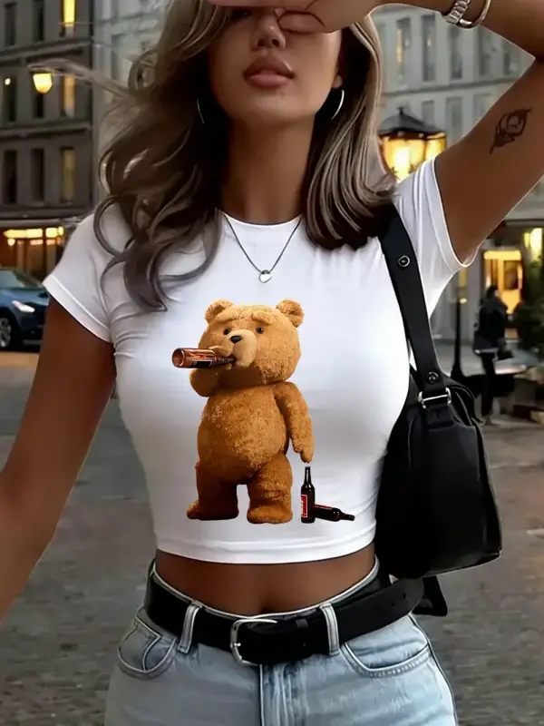Melankolik Ayı İçme Baskılar Kadın Kırpma T-Shirt Yaz Yumuşak Yüksek Elastik Üstler O-Boyun K