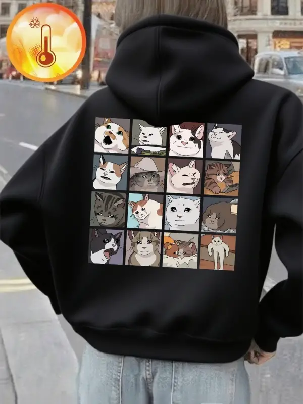 Meme Cats 2.0 Karikatür Baskılı Kapüşonlu Üstler Kadın Sonbahar Polar Sıcak Sweatshirtler Tem
