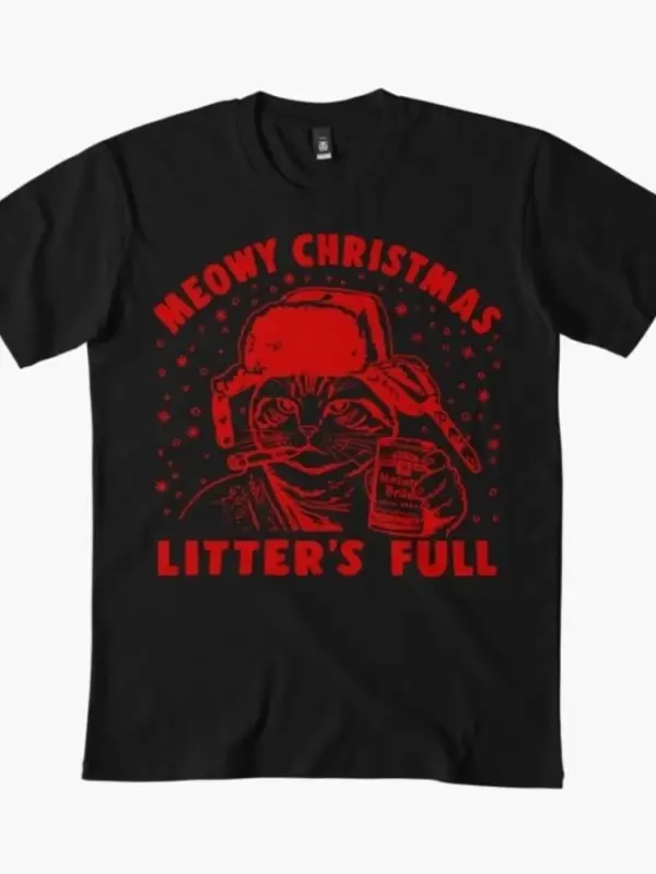 Meowy Christmas Litters Full Ugly Christmas T-shirt Erkekler Kadınlar için % 100% Pamuklu Ti