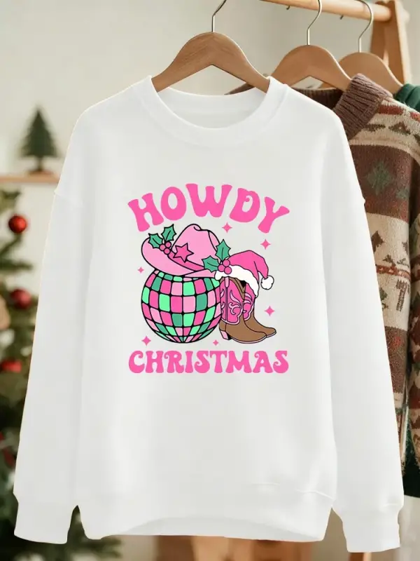 Merhaba Noel Pembe Çizmeler Baskılı Sweatshirtler Kadınlar İçin Bol Basit Kapüşonlu Sweatshir