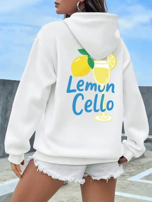 Meyve Şarabı Limon Suyu Ile Yapılan Baskılar Hoodies Kadın Kış Polar Sıcak Kazak Rahat Cep Ka