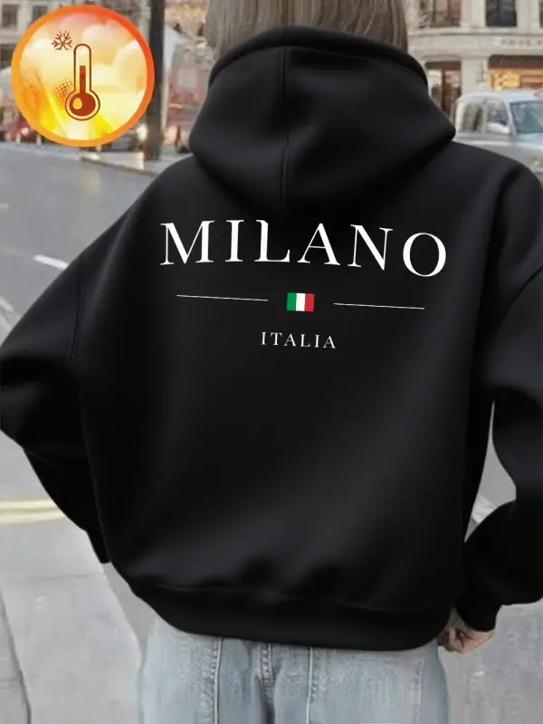 Milano İtalya Mektup Baskılı Hoodie Kadın Kış Polar Sıcak Kazaklar Temel Cep Tişörtü Rahat Ge