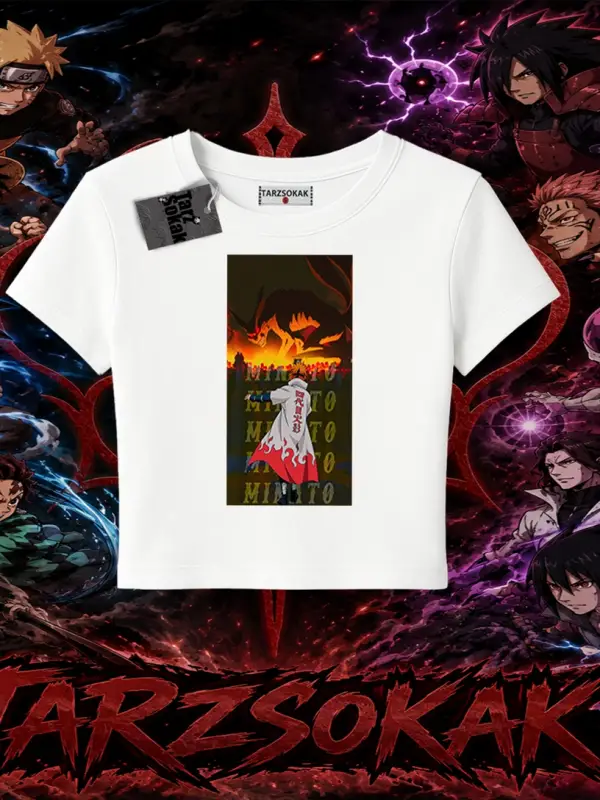 Minato Namikaze Naruto Anime Karakteri Kadın Baby Tee Beyaz