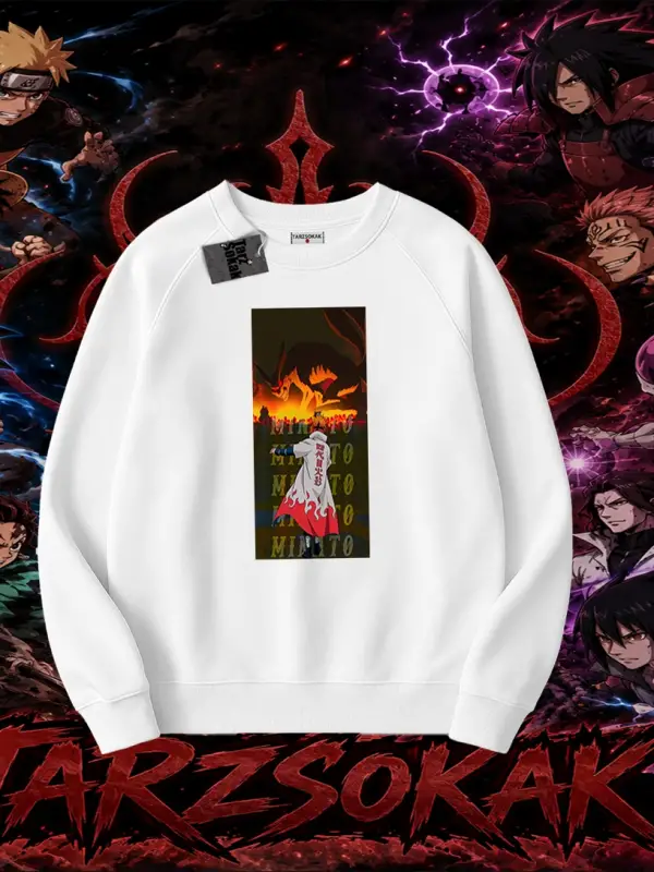 Minato Namikaze Naruto Anime Karakteri Oversize Unisex Bisiklet Yaka Sweatshirt Beyaz
