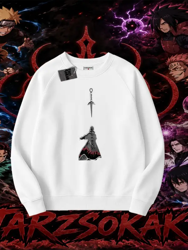 Minato Namikaze Naruto Anime Karakteri Oversize Unisex Bisiklet Yaka Sweatshirt Beyaz