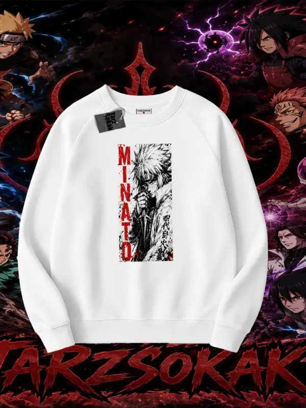 Minato Namikaze Naruto Anime Karakteri Oversize Unisex Bisiklet Yaka Sweatshirt Beyaz