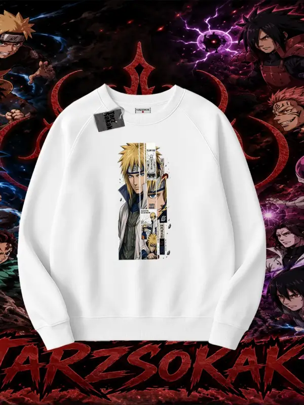 Minato Namikaze Naruto Anime Karakteri Oversize Unisex Bisiklet Yaka Sweatshirt Beyaz