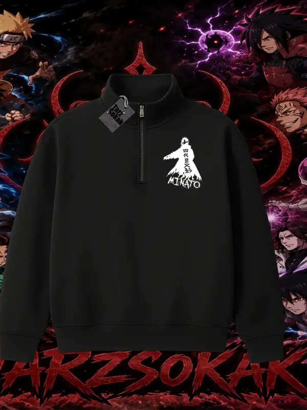 Minato Namikaze Naruto Anime Karakteri Unisex Polo Yaka Yarım Fermuarlı Sweatshirt Beyaz
