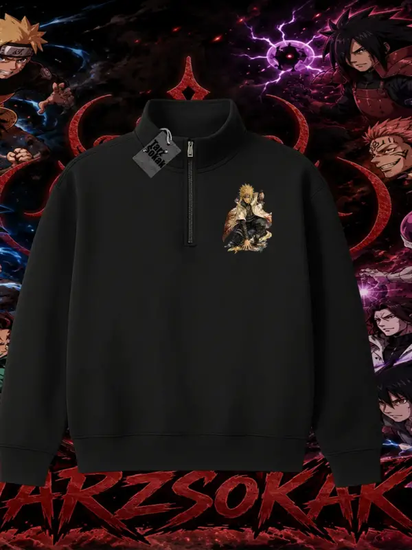 Minato Namikaze Naruto Anime Karakteri Unisex Polo Yaka Yarım Fermuarlı Sweatshirt Beyaz